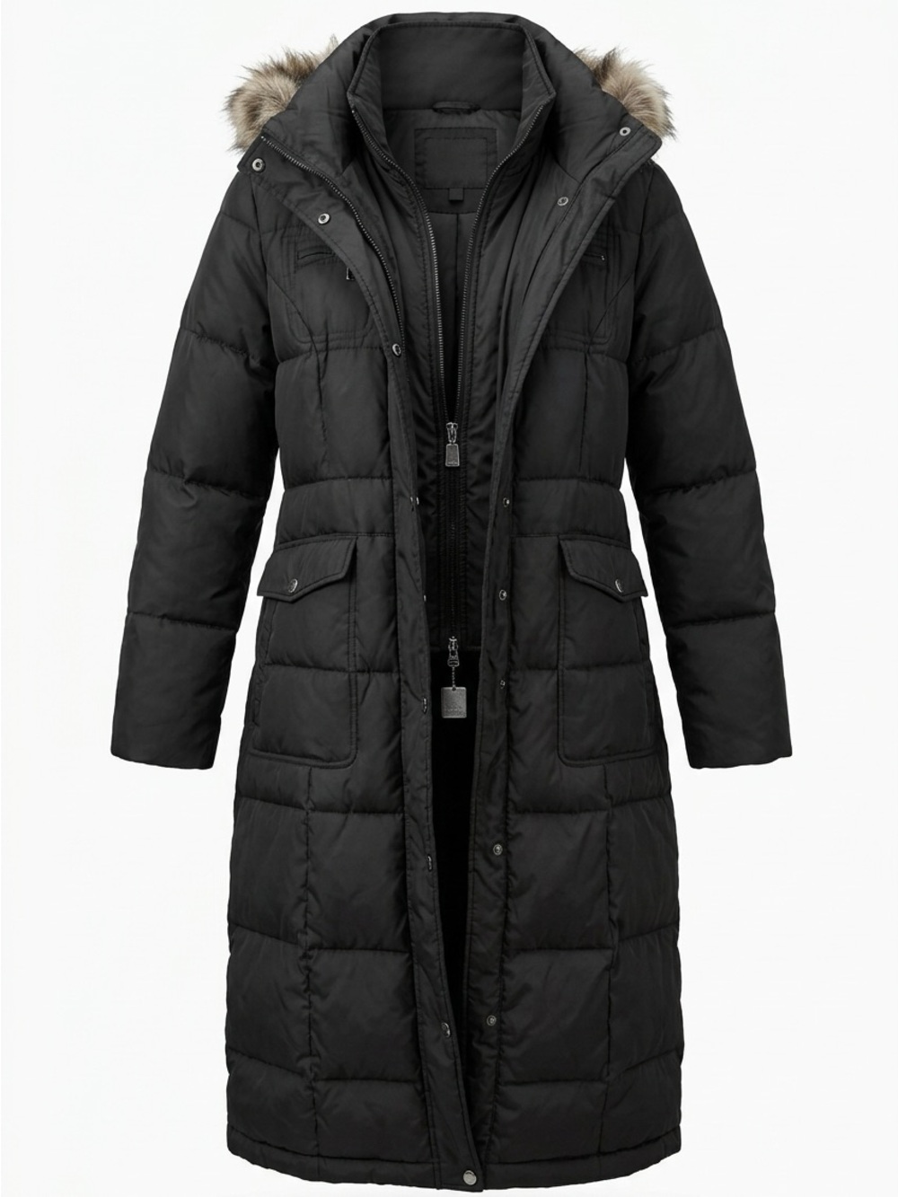 Laundry By Shelli Segal Black Long Puffer Coat with Faux-Fur Hood Trim